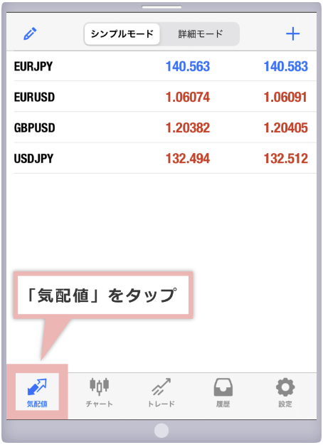 xmのスマホでのスプレッド確認手順の2つ目「気配値」をタップ